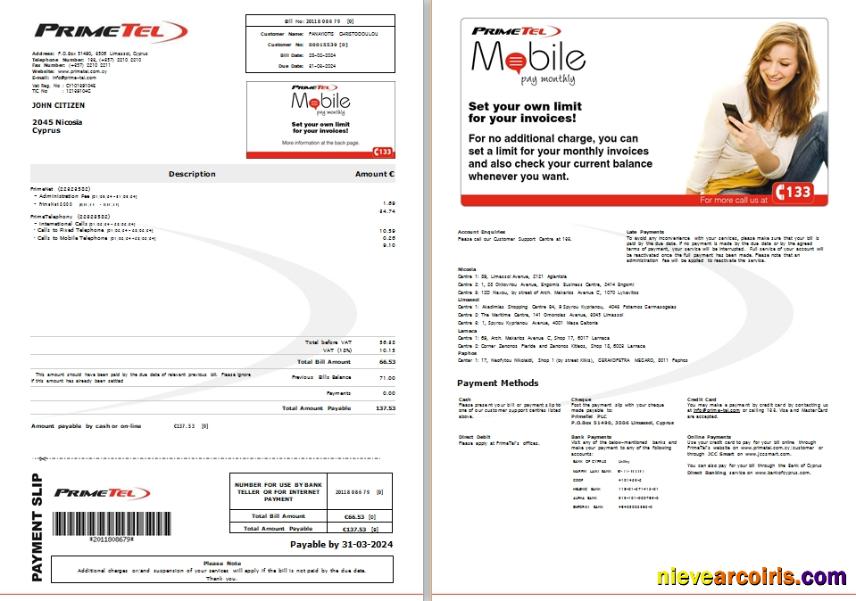 Cyprus Primetel utility bill, 2 pages